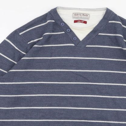TU Mens Blue V-Neck Striped Acrylic Pullover Jumper Size S