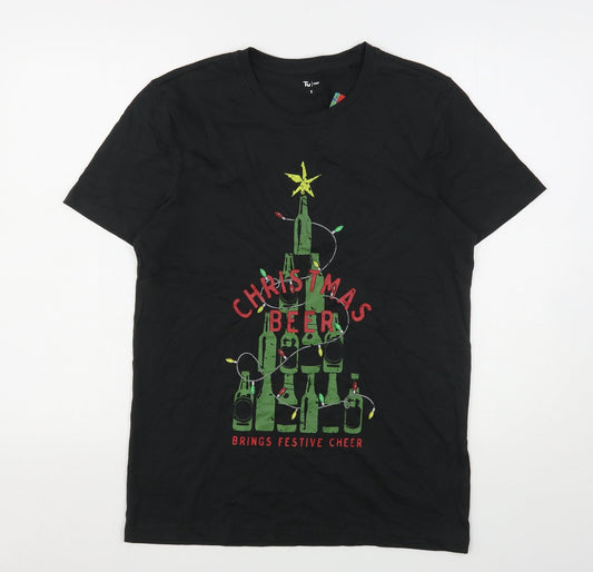 TU Mens Black  Cotton  T-Shirt Size S Round Neck  - Christmas