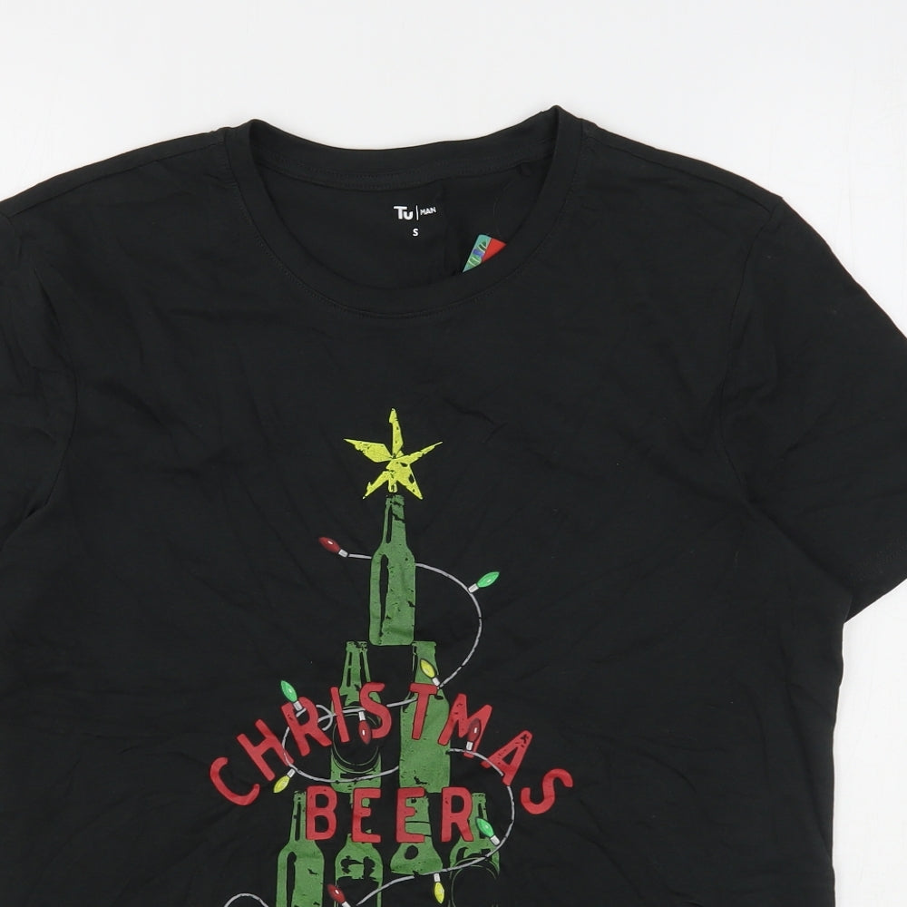 TU Mens Black  Cotton  T-Shirt Size S Round Neck  - Christmas