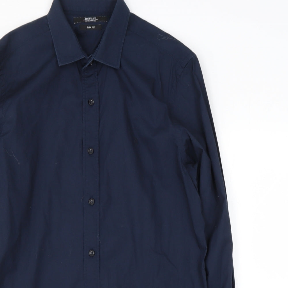 Replay Mens Blue  Cotton  Button-Up Size S Collared