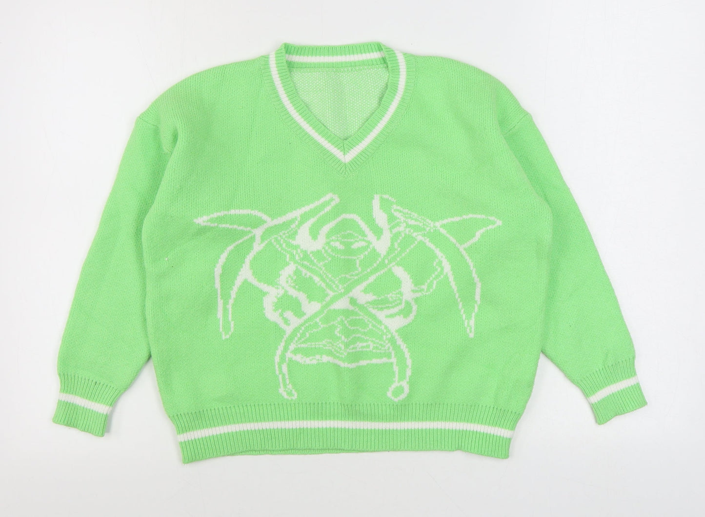 Preworn Mens Green V-Neck  Polyester Pullover Jumper Size S