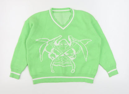 Preworn Mens Green V-Neck  Polyester Pullover Jumper Size S