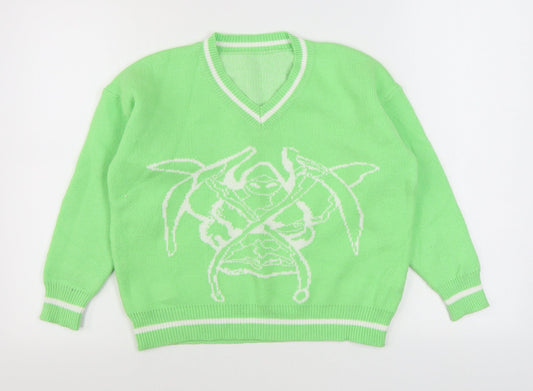 Preworn Mens Green V-Neck  Polyester Pullover Jumper Size S