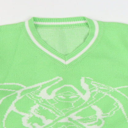 Preworn Mens Green V-Neck  Polyester Pullover Jumper Size S