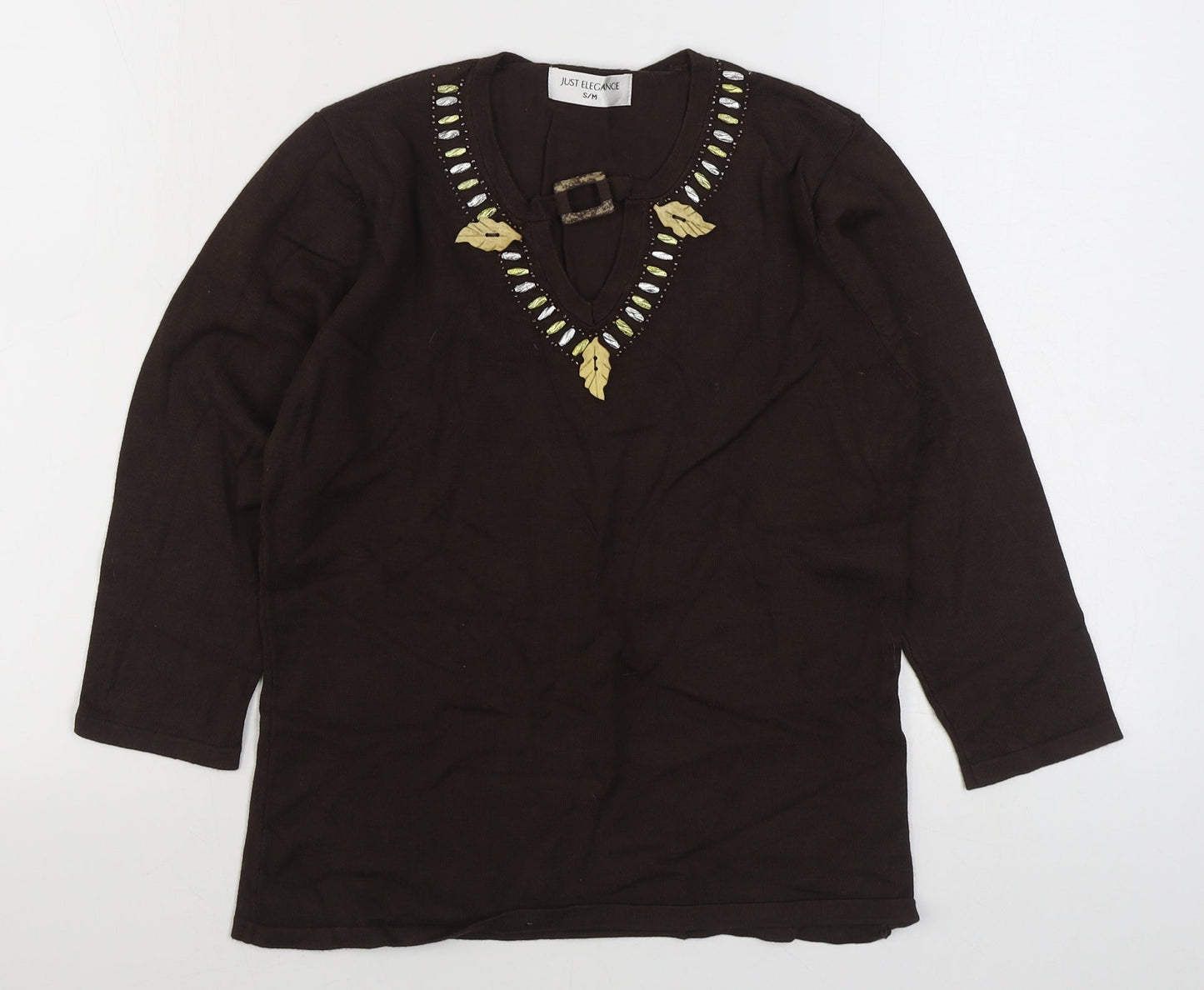 Just Elegance    Womens Brown V-Neck  Acrylic Pullover Jumper Size S