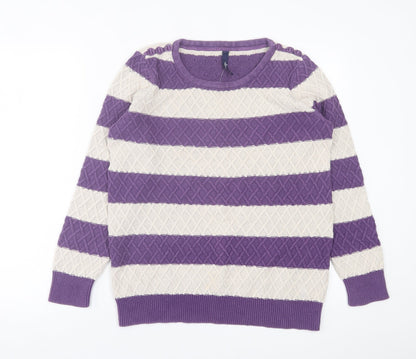 Tayberry Womens Purple Crew Neck Striped Cotton Pullover Jumper Size M