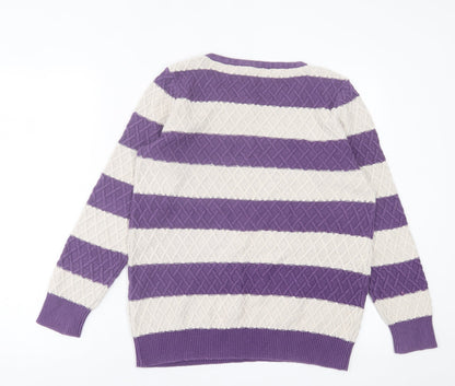 Tayberry Womens Purple Crew Neck Striped Cotton Pullover Jumper Size M
