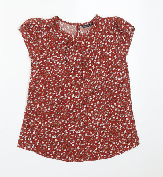 SheIn Womens Brown Floral Polyester Basic Blouse Size XS Round Neck