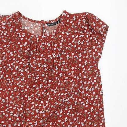 SheIn Womens Brown Floral Polyester Basic Blouse Size XS Round Neck