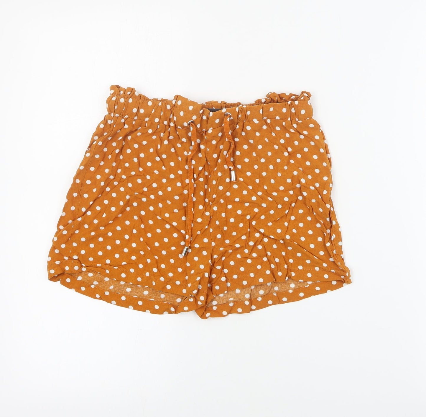 Primark Womens Orange Polka Dot Viscose Paperbag Shorts Size 6  Regular Drawstring