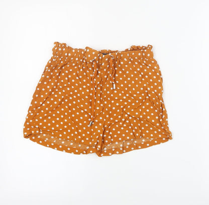 Primark Womens Orange Polka Dot Viscose Paperbag Shorts Size 6  Regular Drawstring