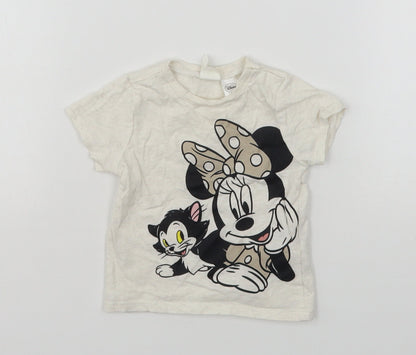 H&M Girls Beige  Cotton Basic T-Shirt Size 3-6 Months Round Neck  - Minnie Mouse