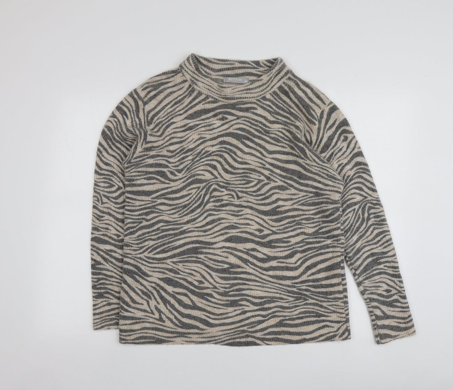 Betty&Co Womens Beige Round Neck Animal Print Acrylic Pullover Jumper Size 38