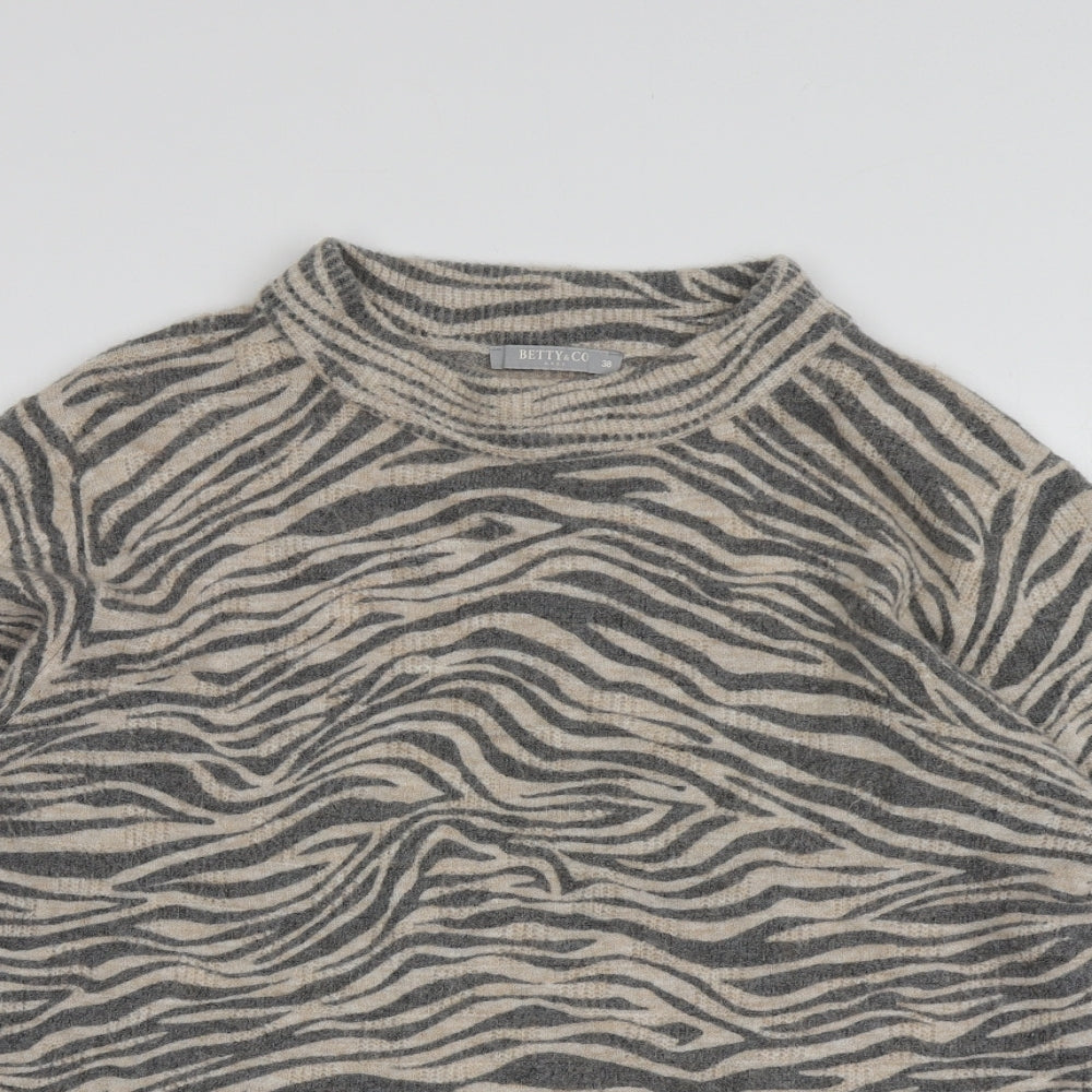Betty&Co Womens Beige Round Neck Animal Print Acrylic Pullover Jumper Size 38