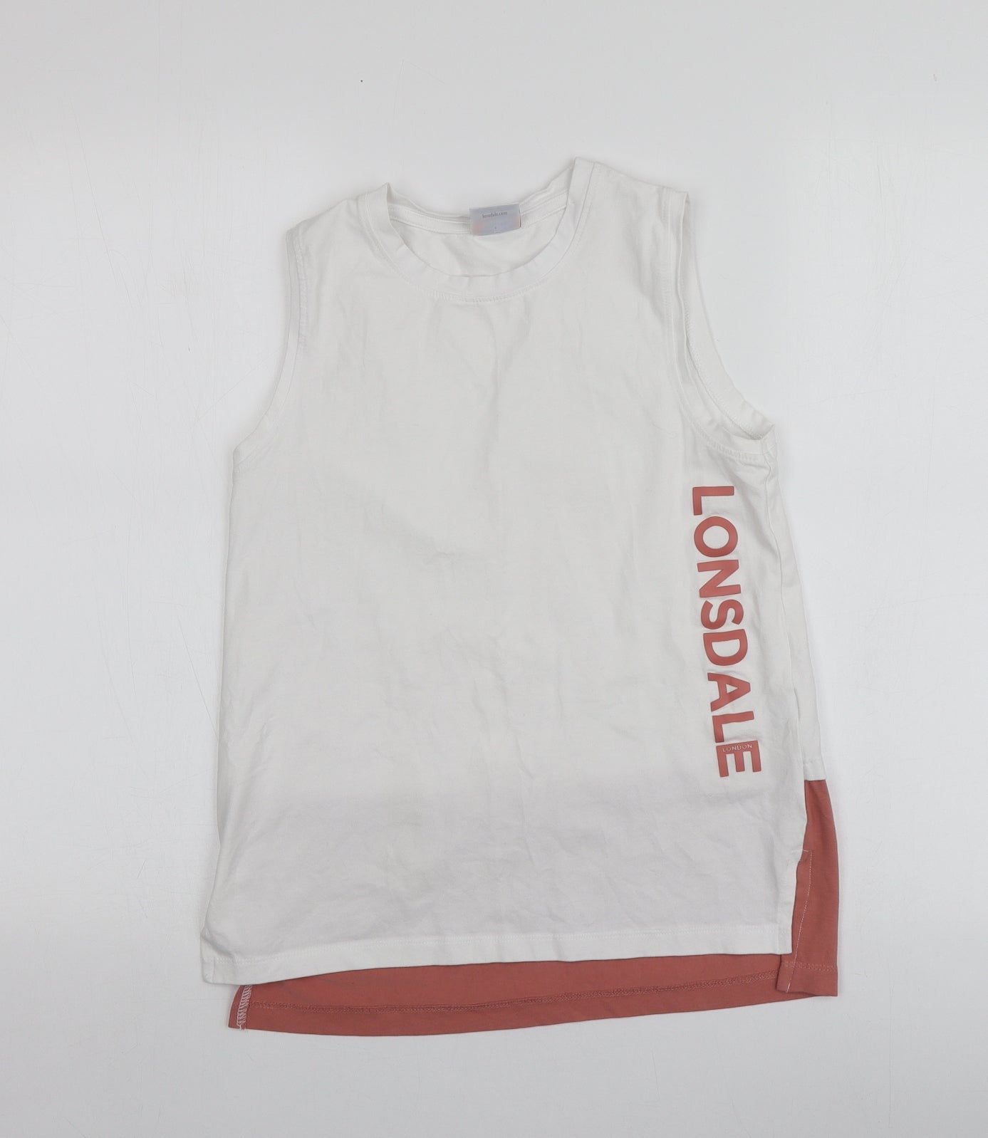 Lonsdale Girls White Geometric 100% Cotton Basic T-Shirt Size 13 Years Round Neck