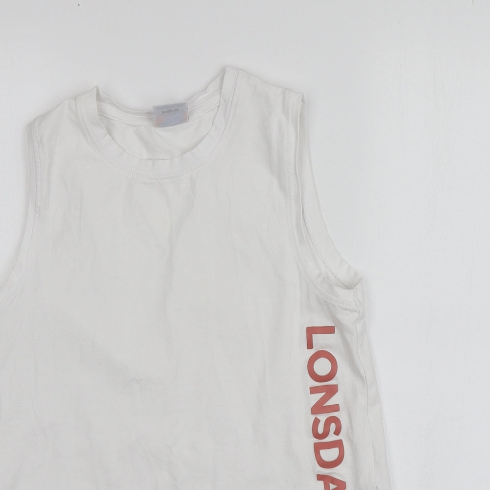 Lonsdale Girls White Geometric 100% Cotton Basic T-Shirt Size 13 Years Round Neck