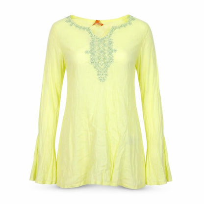 Crosshatch Womens Yellow Geometric 100% Cotton Basic T-Shirt Size S V-Neck