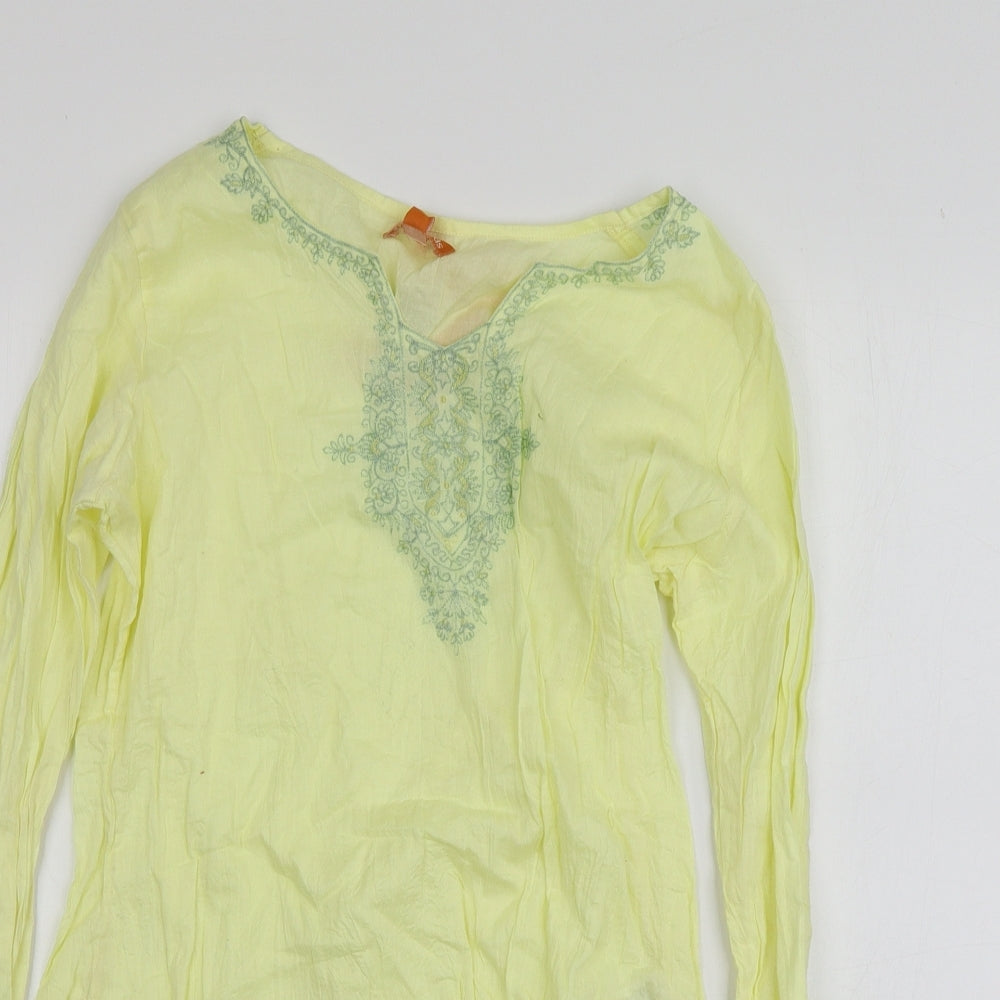 Crossroads Womens Yellow Geometric 100% Cotton Basic T-Shirt Size S V-Neck