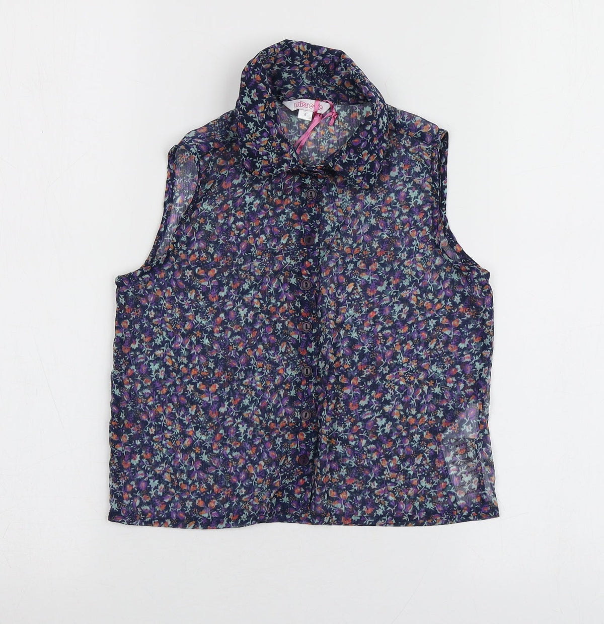 Miss Evie Girls Blue Floral Polyester Basic Button-Up Size 8 Years Collared