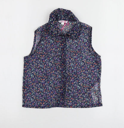 Miss Evie Girls Blue Floral Polyester Basic Button-Up Size 8 Years Collared