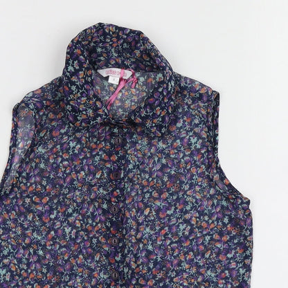 Miss Evie Girls Blue Floral Polyester Basic Button-Up Size 8 Years Collared