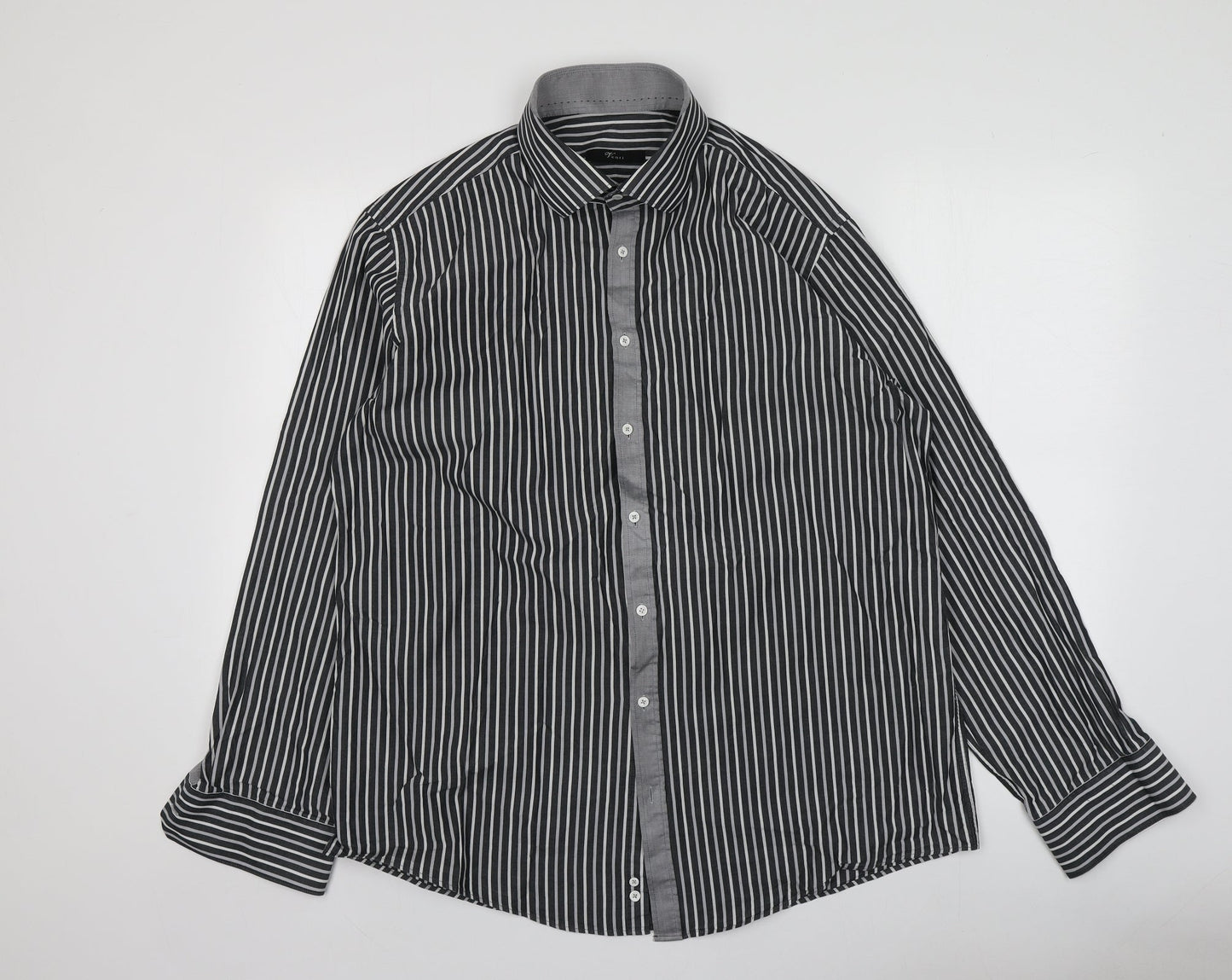 Venti Mens Grey Striped Cotton  Button-Up Size 44 Collared