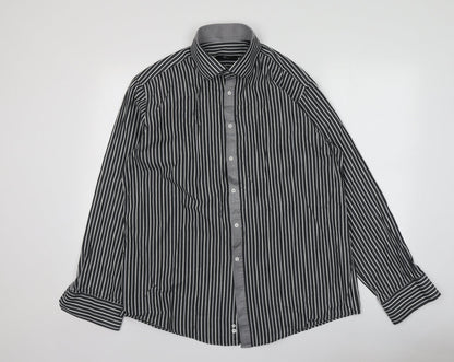 Venti Mens Grey Striped Cotton  Button-Up Size 44 Collared