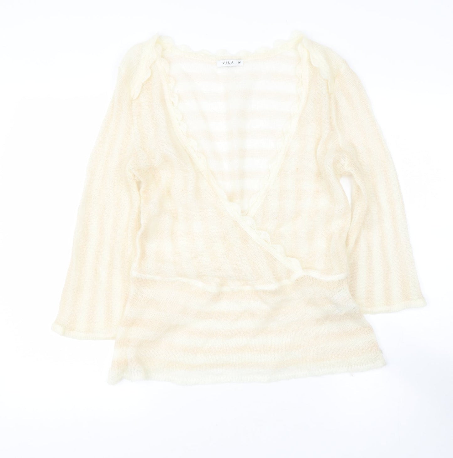VILA Womens Beige  Acrylic Basic Blouse Size M V-Neck