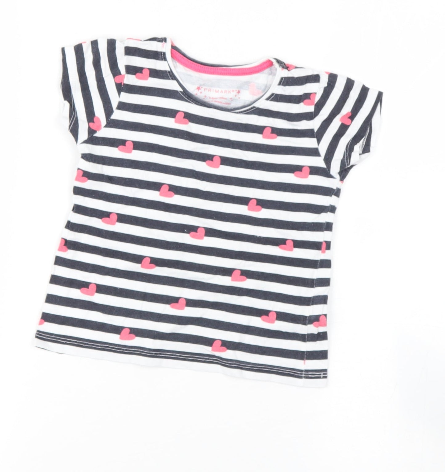 Primark Girls Blue Striped Cotton Basic T-Shirt Size 3-4 Years Round Neck