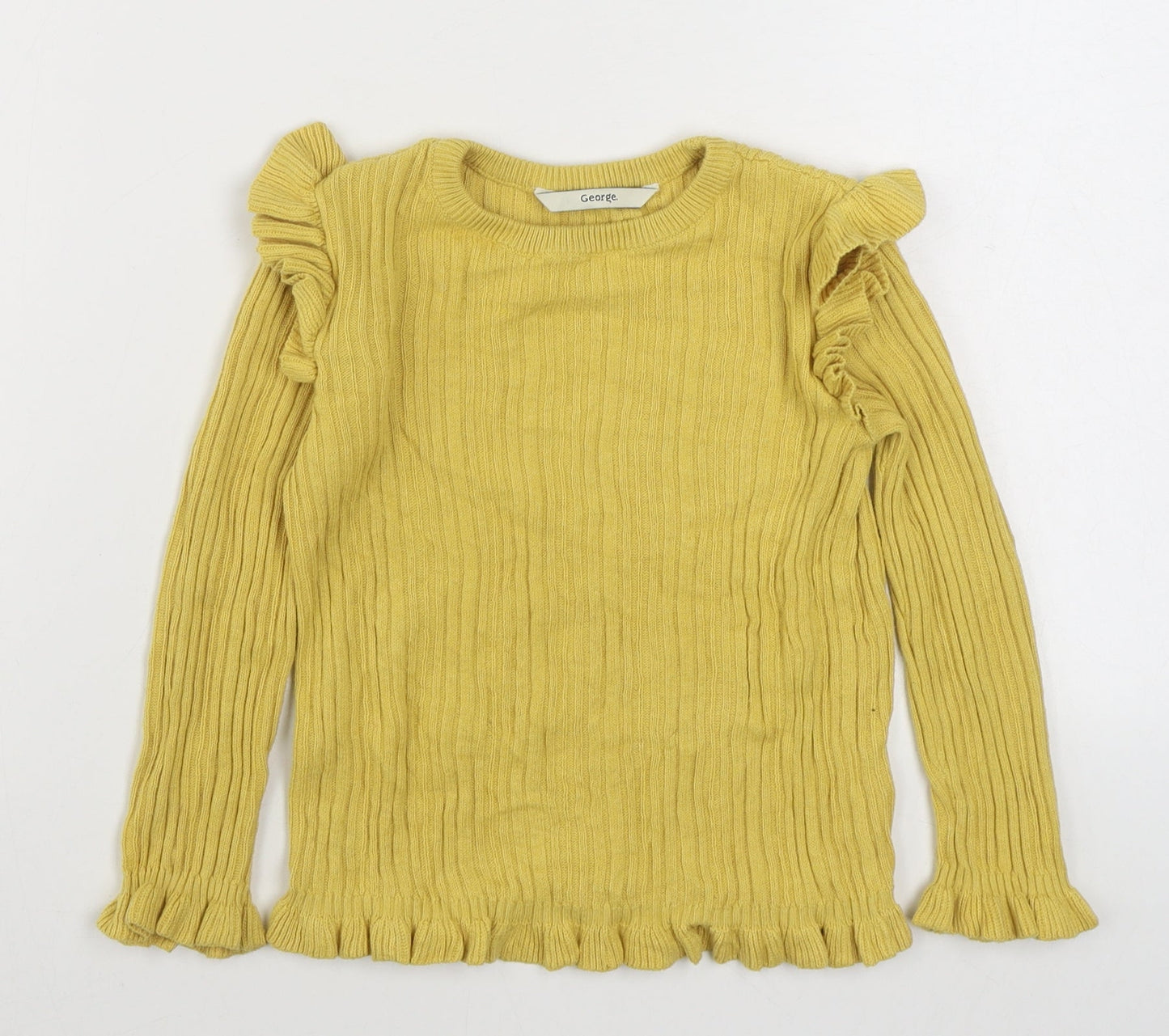 George Girls Yellow  100% Cotton Basic T-Shirt Size 5-6 Years High Neck Pullover