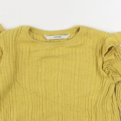 George Girls Yellow  100% Cotton Basic T-Shirt Size 5-6 Years High Neck Pullover