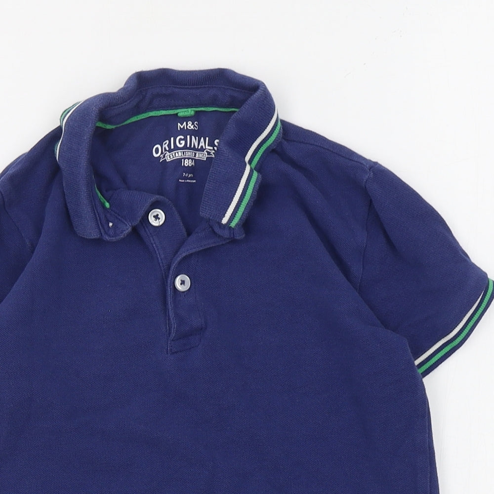 Marks and Spencer Boys Blue  Cotton Basic Polo Size 7-8 Years Collared Button