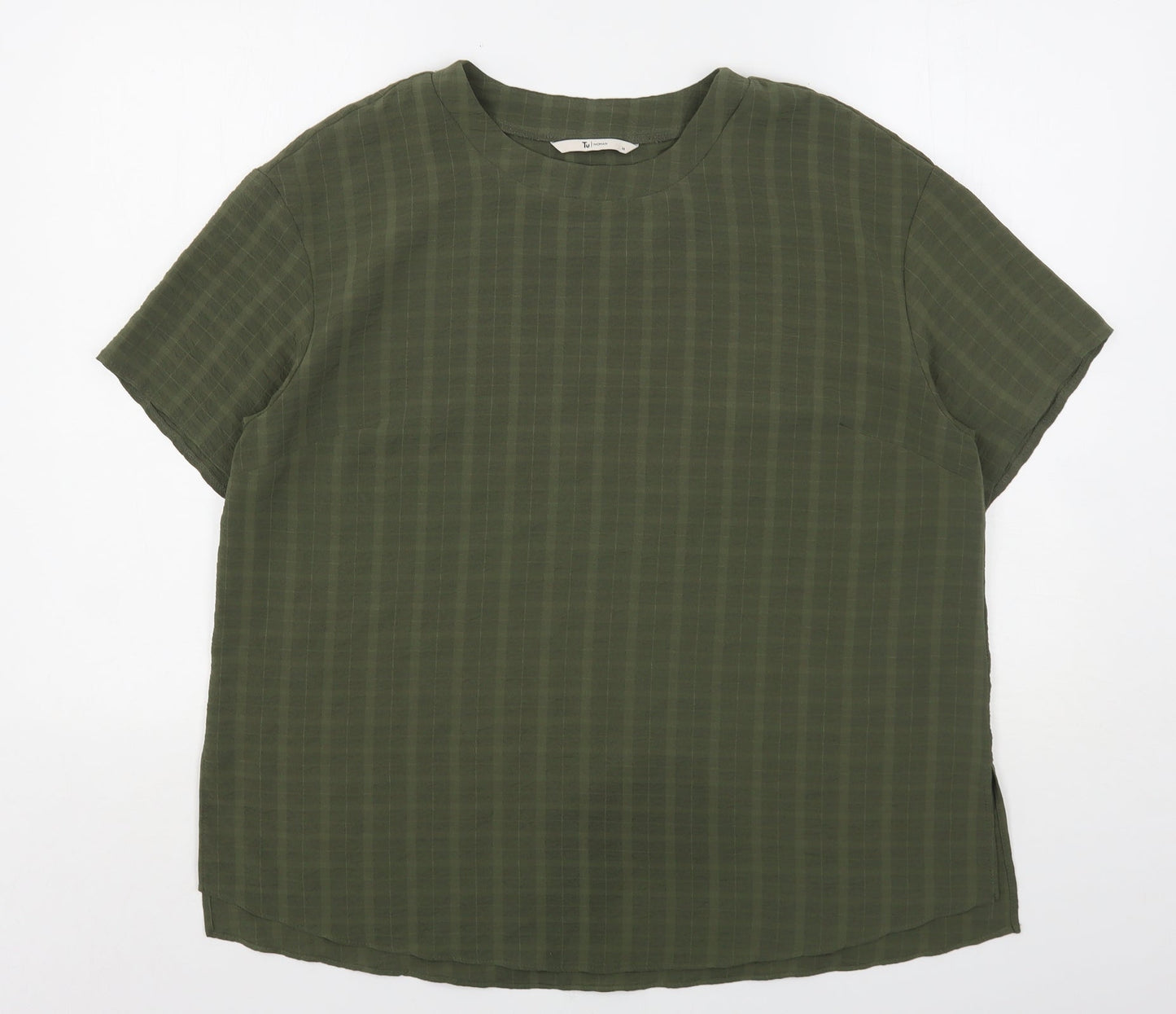 TU Womens Green Check Polyester Basic Blouse Size 14 Round Neck