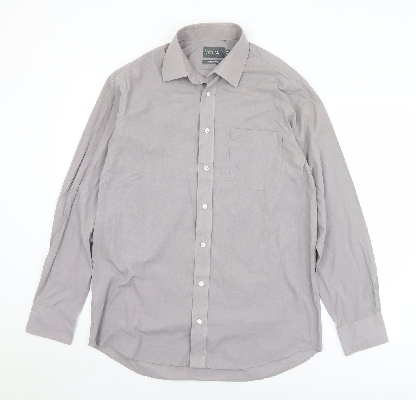 Mens UK Size 15.5 Marks and Spencer Grey  Button-Up Long Sleeve Casual Shirt