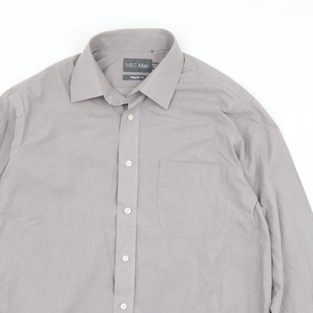 Mens UK Size 15.5 Marks and Spencer Grey  Button-Up Long Sleeve Casual Shirt