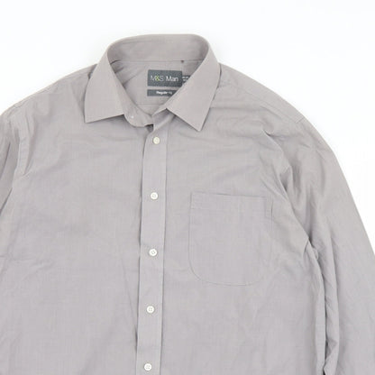 Mens UK Size 15.5 Marks and Spencer Grey  Button-Up Long Sleeve Casual Shirt