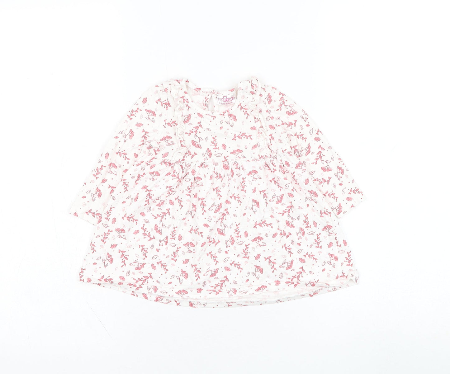 So Cute Girls White Floral Cotton Skater Dress  Size 6-9 Months  Round Neck Pullover
