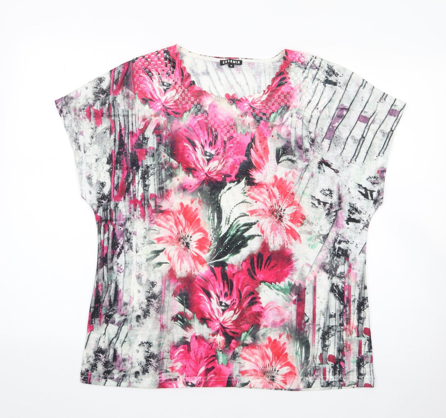 Casamia` Womens Multicoloured Floral Polyester Jersey T-Shirt Size M Round Neck