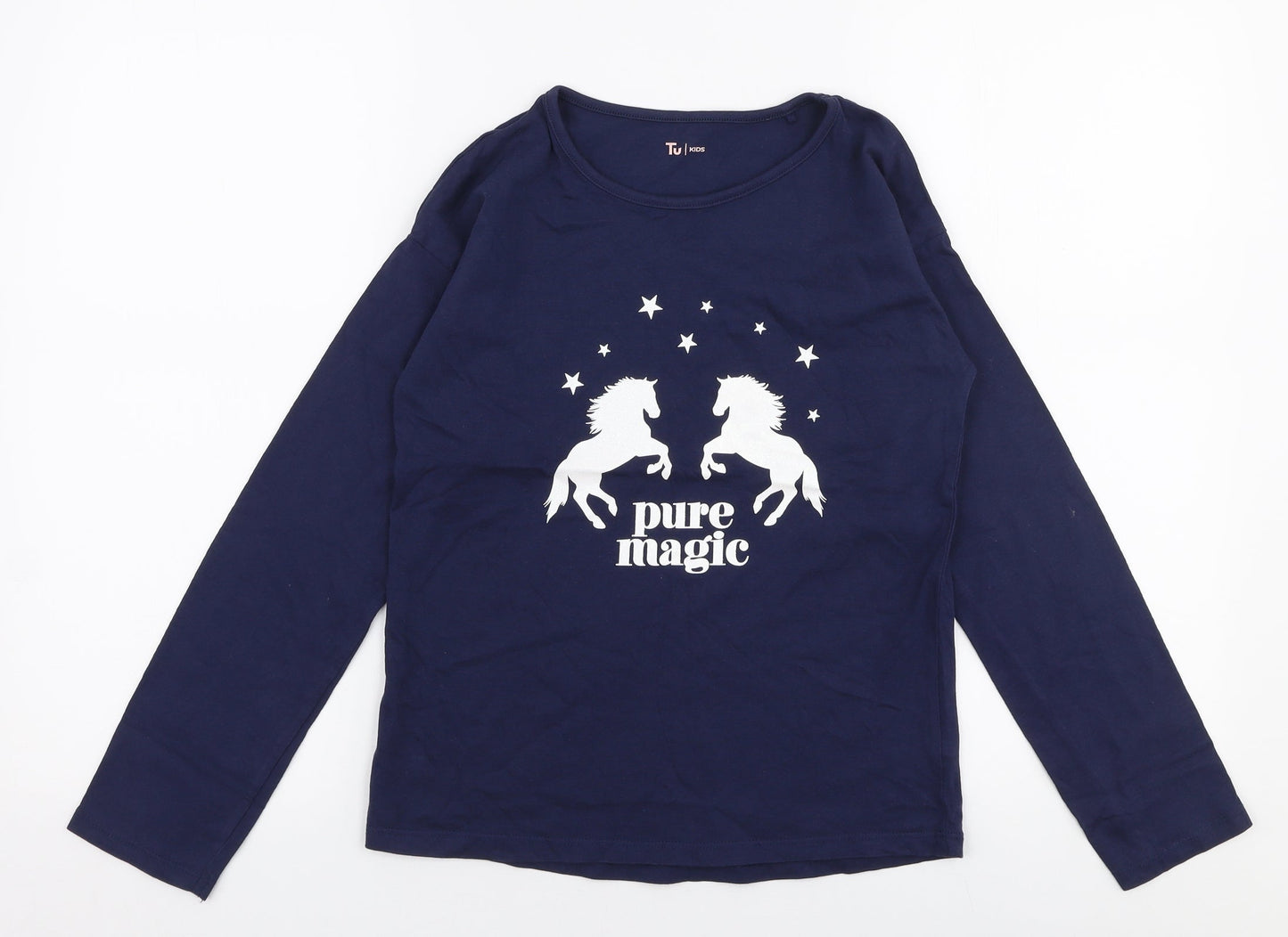 TU Girls Blue  100% Cotton Jersey T-Shirt Size 12 Years Round Neck Pullover - Unicorn