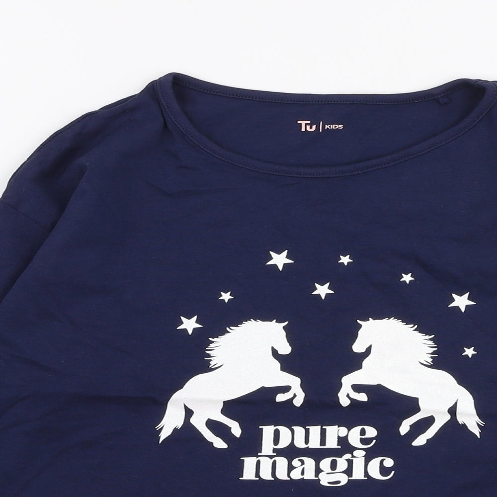 TU Girls Blue  100% Cotton Jersey T-Shirt Size 12 Years Round Neck Pullover - Unicorn