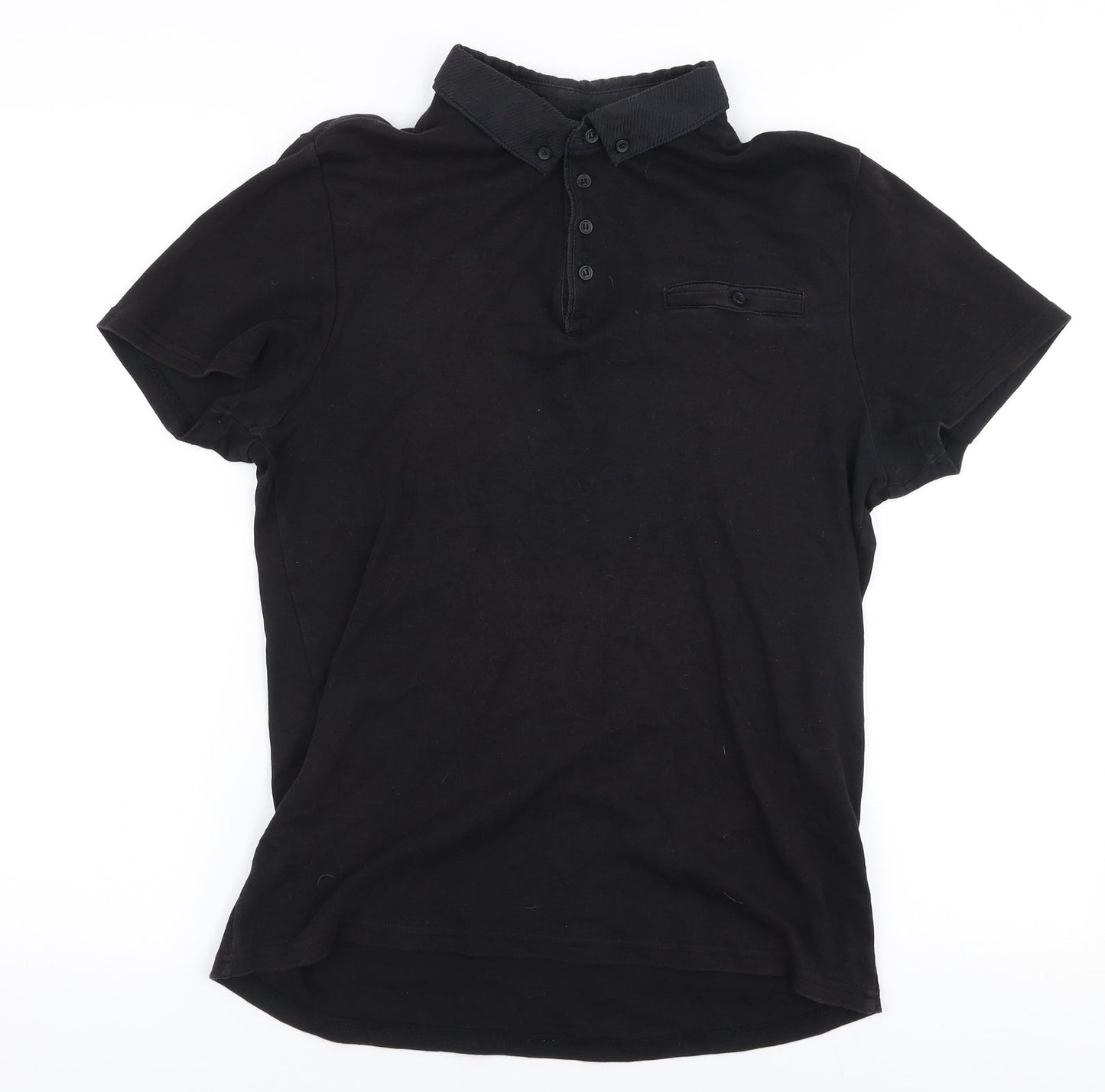 River Island Mens Black  Cotton  Polo Size S Collared Button