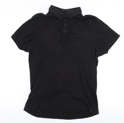 River Island Mens Black  Cotton  Polo Size S Collared Button