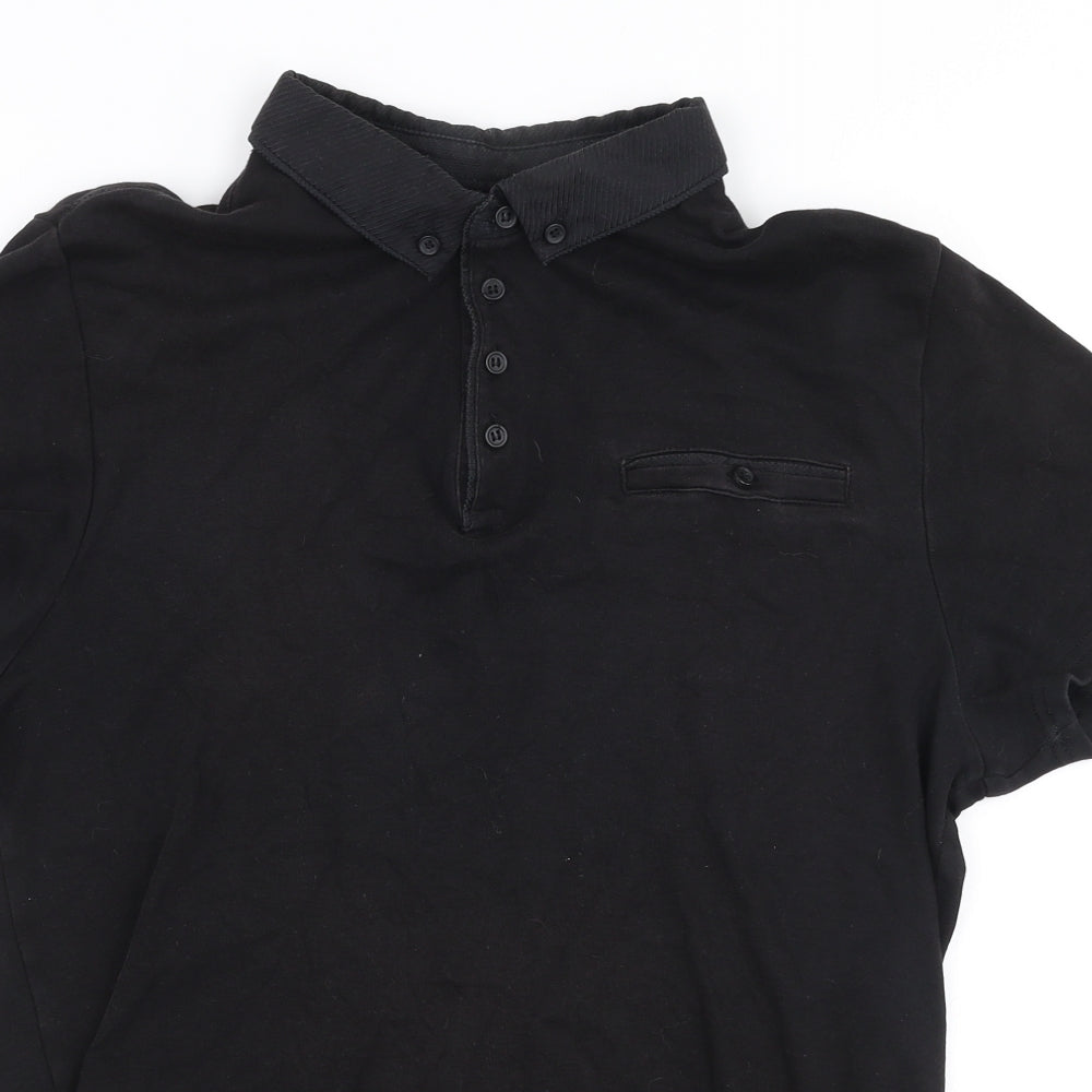 River Island Mens Black  Cotton  Polo Size S Collared Button