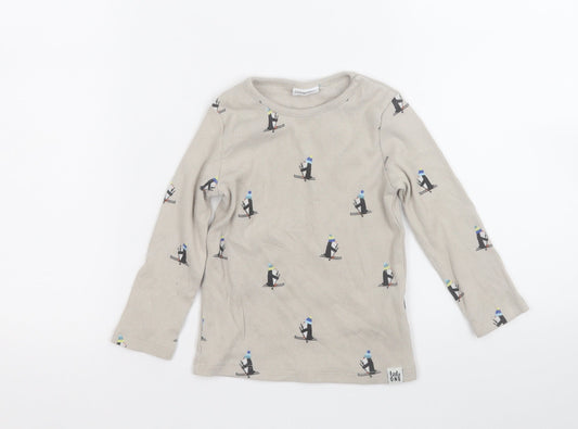 F&F Baby Beige Geometric Cotton Pullover Jumper Size 12-18 Months   - Skiing Penguin