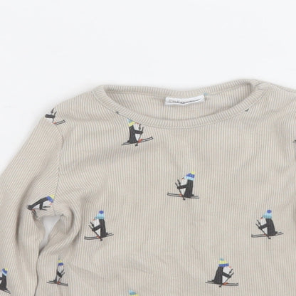 F&F Baby Beige Geometric Cotton Pullover Jumper Size 12-18 Months   - Skiing Penguin