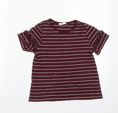 Marks and Spencer Girls Red Striped Cotton Basic T-Shirt Size 8-9 Years Round Neck  - Shoulder Detail