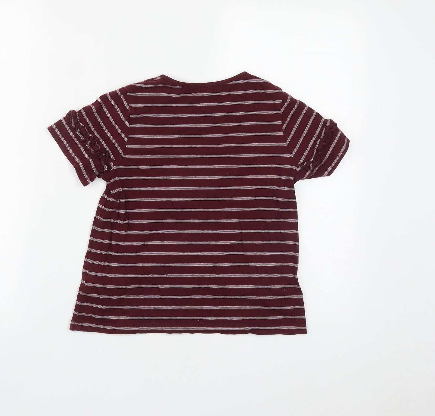Marks and Spencer Girls Red Striped Cotton Basic T-Shirt Size 8-9 Years Round Neck  - Shoulder Detail