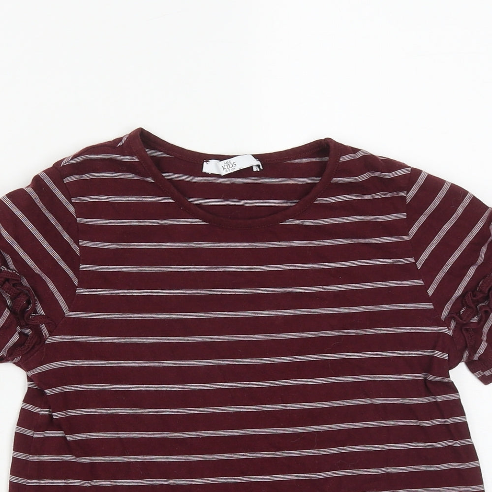 Marks and Spencer Girls Red Striped Cotton Basic T-Shirt Size 8-9 Years Round Neck  - Shoulder Detail
