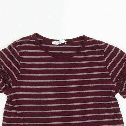 Marks and Spencer Girls Red Striped Cotton Basic T-Shirt Size 8-9 Years Round Neck  - Shoulder Detail