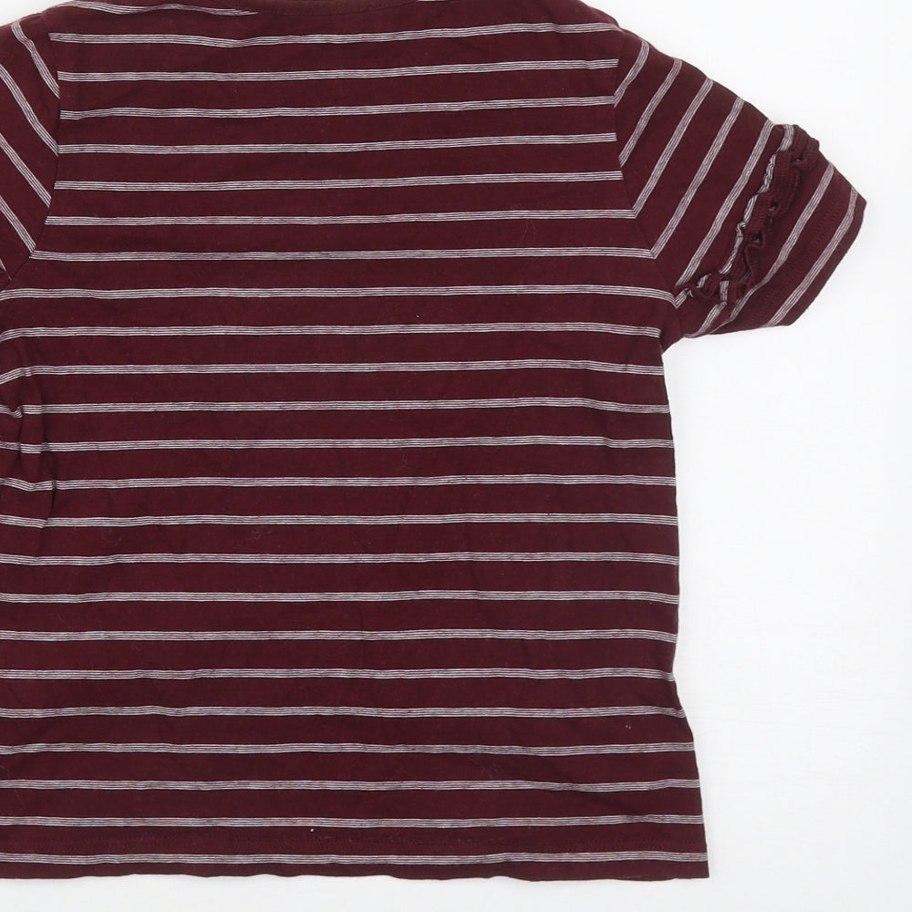Marks and Spencer Girls Red Striped Cotton Basic T-Shirt Size 8-9 Years Round Neck  - Shoulder Detail